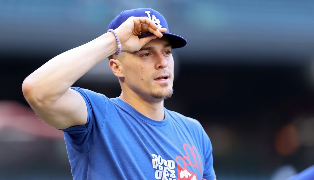 Enrique Hernández of the Los Angeles Dodgers looks on before Game Three of the Division Series against the Arizona Diamondbacks at Chase Field.