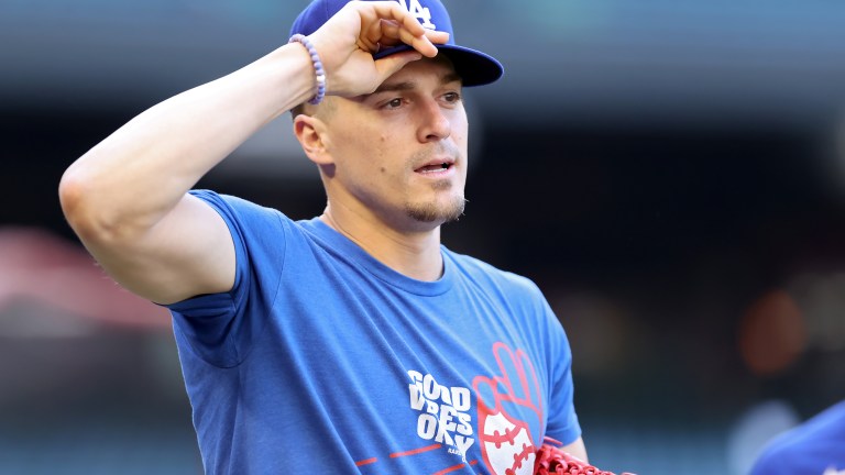 Enrique Hernández of the Los Angeles Dodgers looks on before Game Three of the Division Series against the Arizona Diamondbacks at Chase Field.