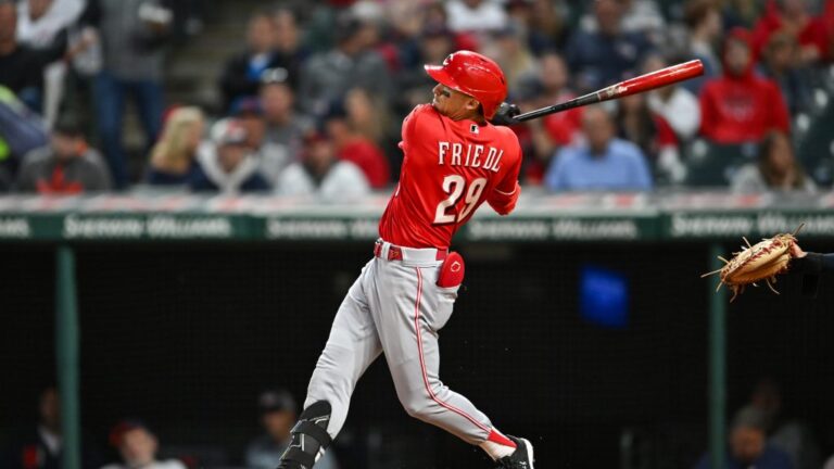 TJ Friedl of the Cincinnati Reds bats during the fourth inning against the Cleveland Guardians at Progressive Field.