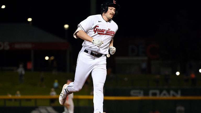 Kyle Manzardo of the Peoria Javelinas rounds the bases after hitting a solo home run in the fifth inning during the 2023 Fall Stars Game between the American League Fall Stars and the National League Fall Stars at Sloan Park.