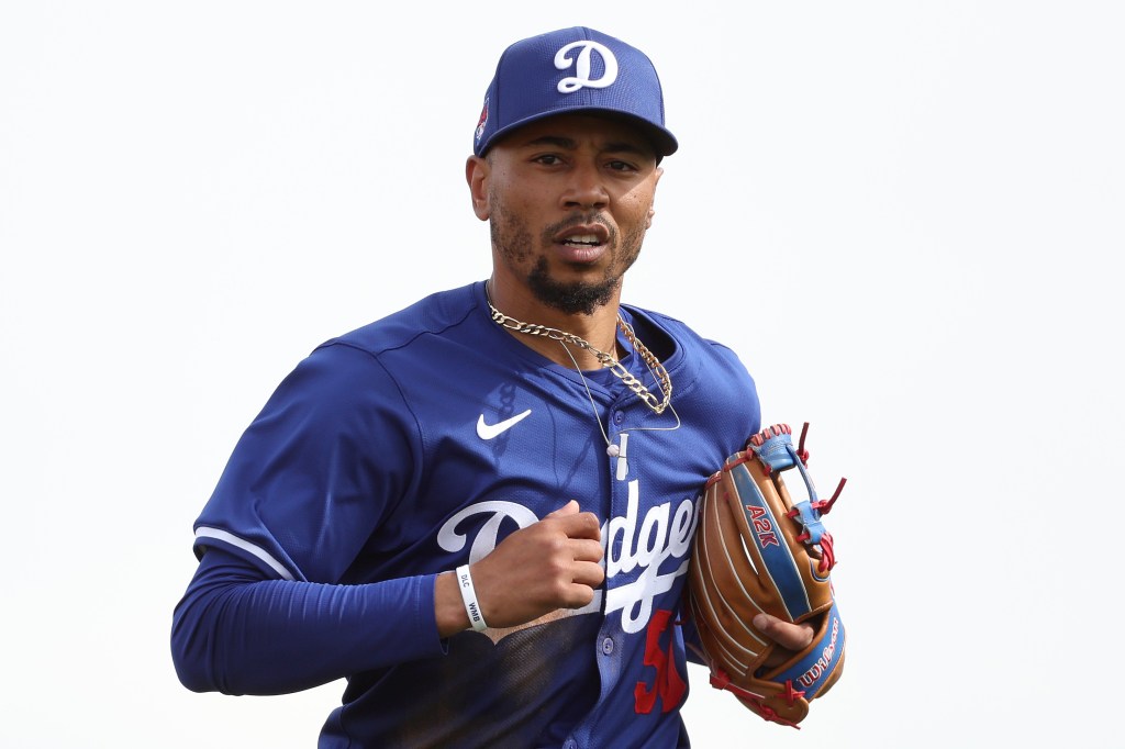 Mookie Betts of the Los Angeles Dodgers reacts after a play against the Los Angeles Angels.