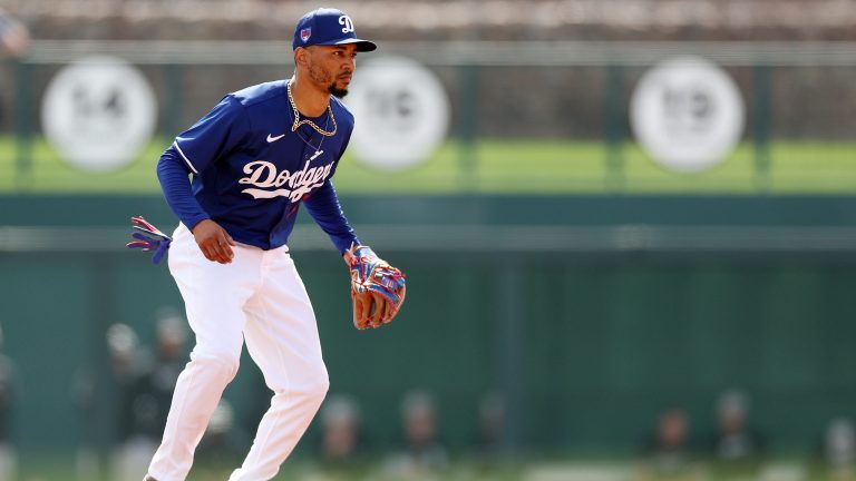 Mookie Betts of the Los Angeles Dodgers stands on defense against the Chicago White Sox at Camelback Ranch.