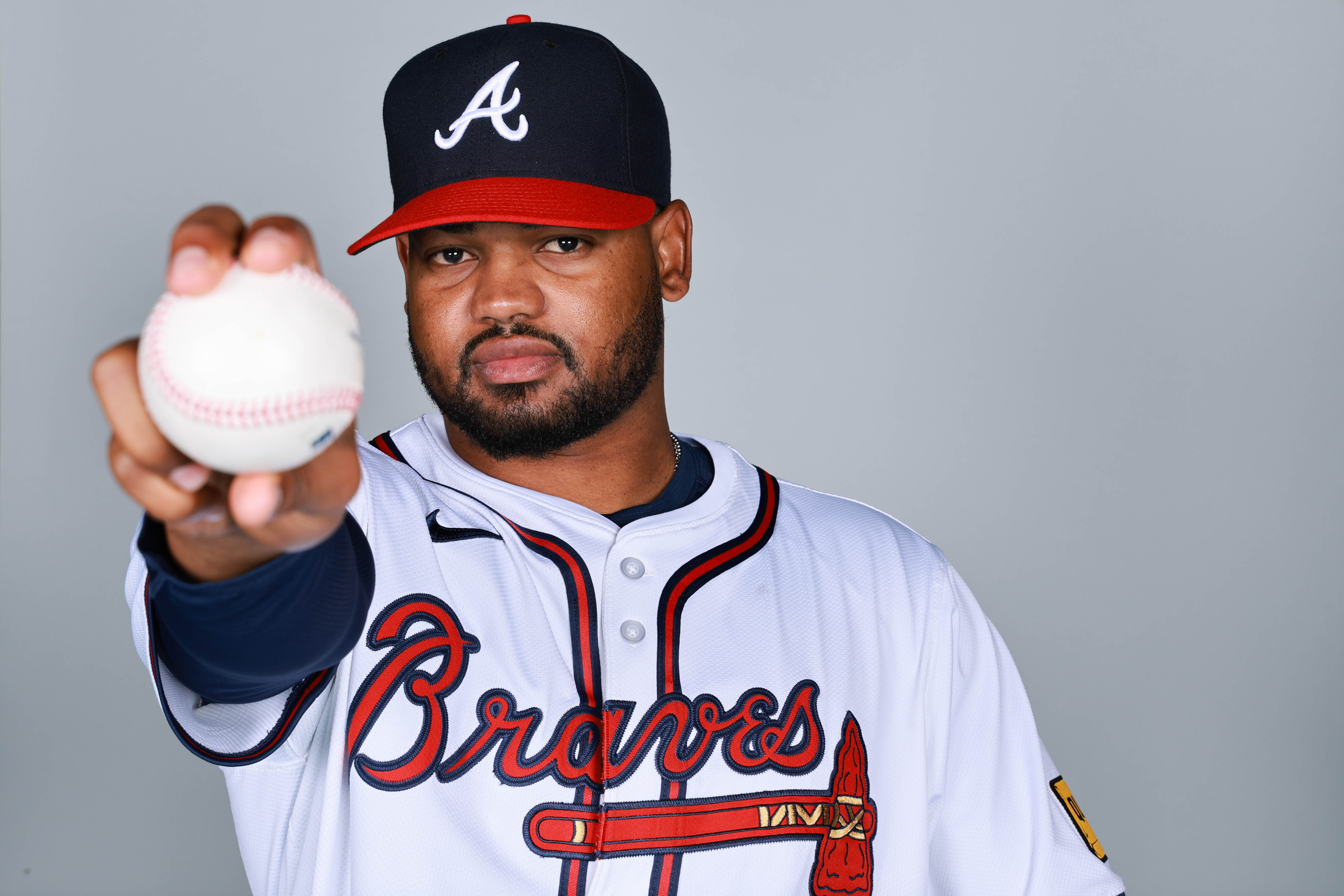 Reynaldo López of the Atlanta Braves poses for a photo during the Atlanta Braves Photo Day at CoolToday Park.