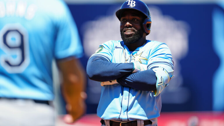 Randy Arozarena poses after reaching base