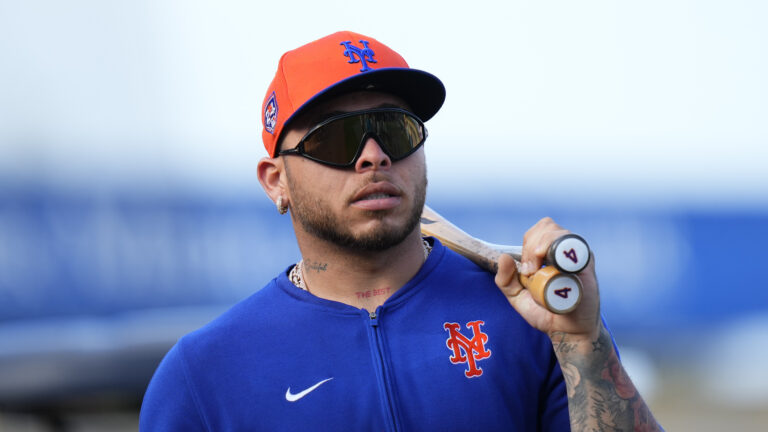 Francisco Alvarez of the New York Mets looks on prior to a spring training game between the Miami Marlins and the New York Mets at Roger Dean Stadium.