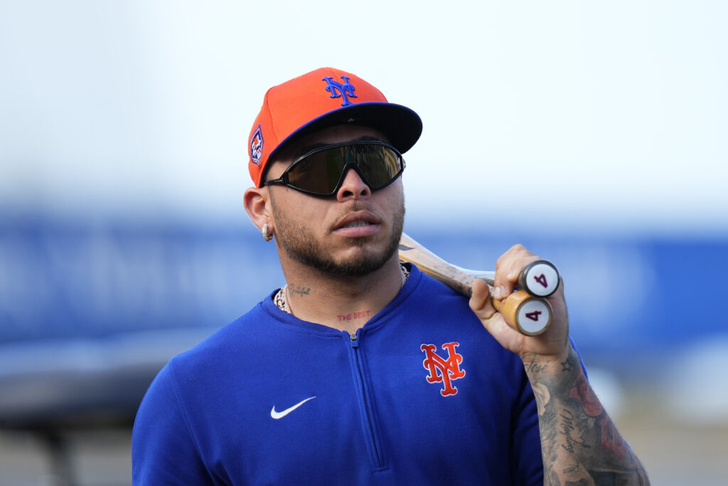 Francisco Alvarez of the New York Mets looks on prior to a spring training game between the Miami Marlins and the New York Mets at Roger Dean Stadium.