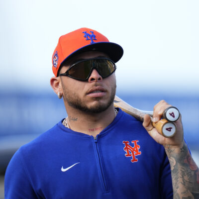 Francisco Alvarez of the New York Mets looks on prior to a spring training game between the Miami Marlins and the New York Mets at Roger Dean Stadium.