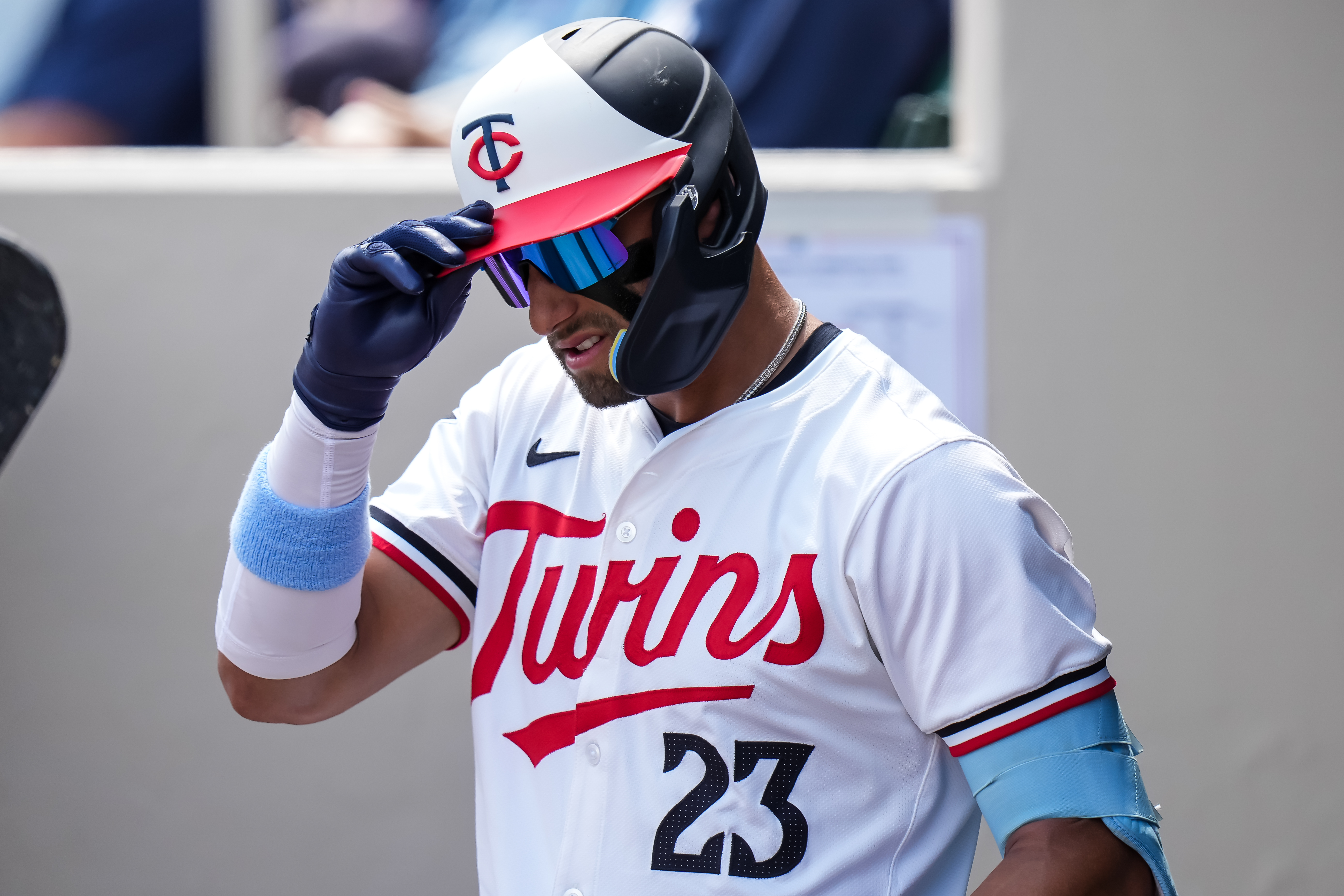 Royce Lewis of the Minnesota Twins looks on during a spring training game against the St. Louis Cardinals on March 13, 2024 at the Lee County Sports Complex.