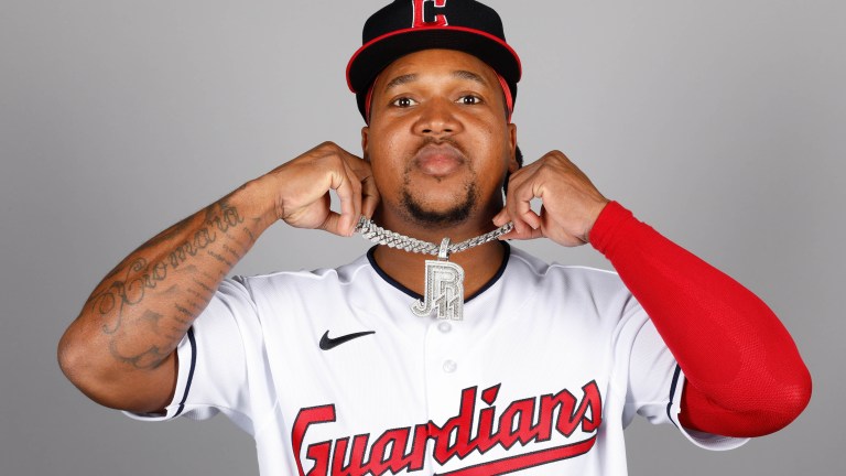 José Ramirez of the Cleveland Guardians poses for a photo during the Cleveland Guardians Photo Day at Goodyear Ballpark.