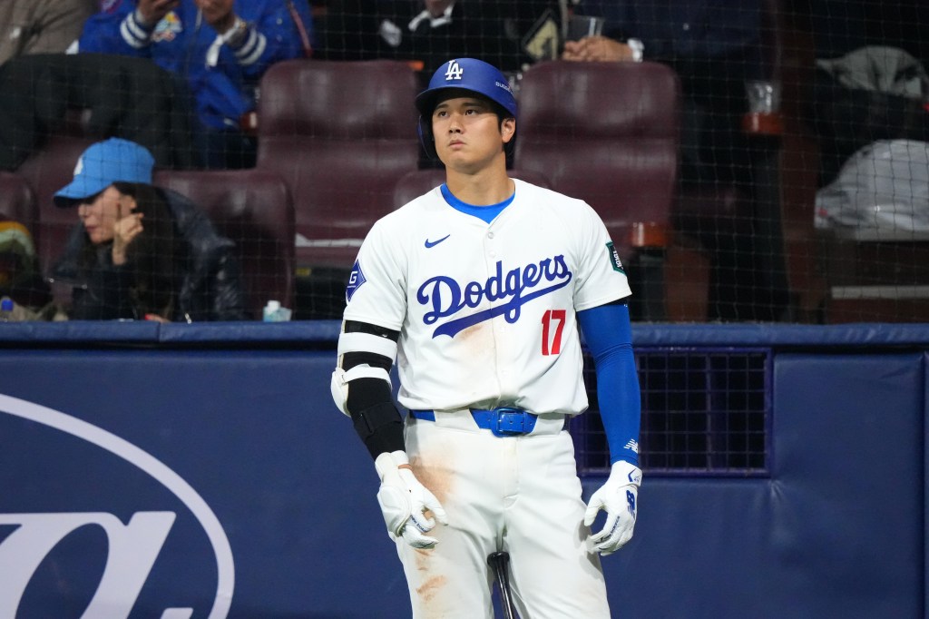 Shohei Ohtani #17 of the Los Angeles Dodgers at bat in the 7th inning during the 2024 Seoul Series game between San Diego Padres and Los Angeles Dodgers at Gocheok Sky Dome.