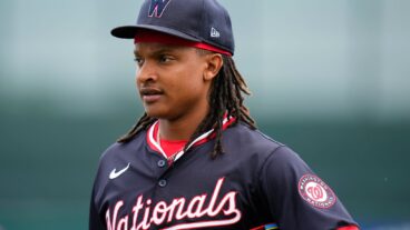JUPITER, FLORIDA - MARCH 06: CJ Abrams #5 of the Washington Nationals looks on prior to a spring training game against the Miami Marlins at Roger Dean Stadium on March 06, 2024 in Jupiter, Florida. (Photo by Rich Storry/Getty Images)