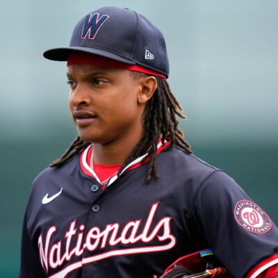 JUPITER, FLORIDA - MARCH 06: CJ Abrams #5 of the Washington Nationals looks on prior to a spring training game against the Miami Marlins at Roger Dean Stadium on March 06, 2024 in Jupiter, Florida. (Photo by Rich Storry/Getty Images)