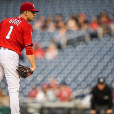 MacKenzie Gore #1 of the Washington Nationals pitches in the first inning against the San Diego Padres at Nationals Park.