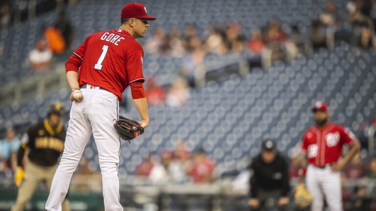 MacKenzie Gore #1 of the Washington Nationals pitches in the first inning against the San Diego Padres at Nationals Park.