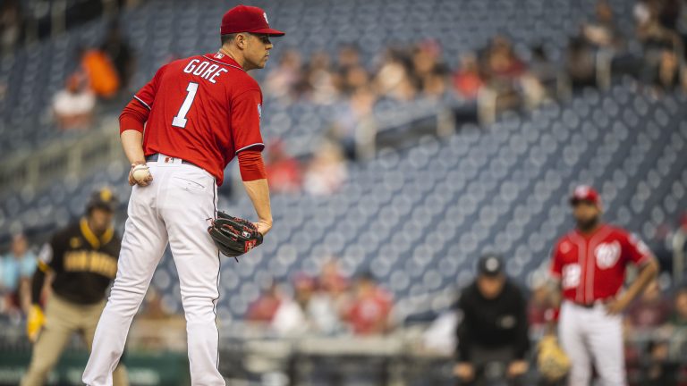 MacKenzie Gore #1 of the Washington Nationals pitches in the first inning against the San Diego Padres at Nationals Park.