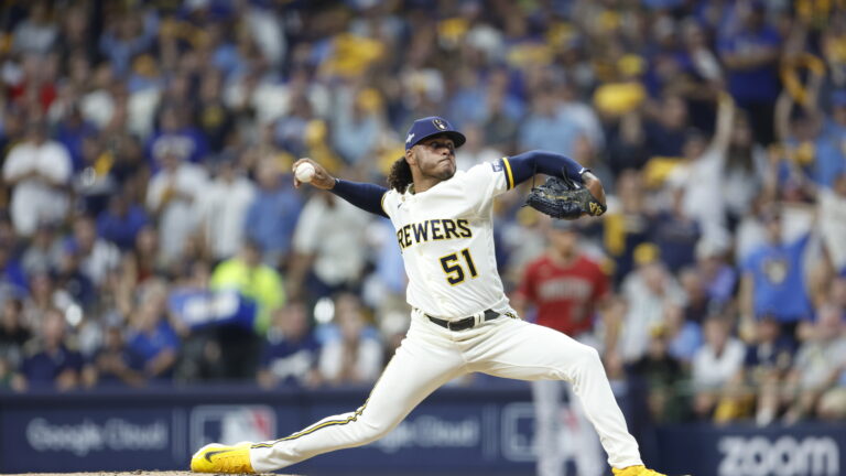 Freddy Peralta of the Milwaukee Brewers delivers during the fourth inning against the Arizona Diamondbacks during Game Two of the Wild Card Series at American Family Field.