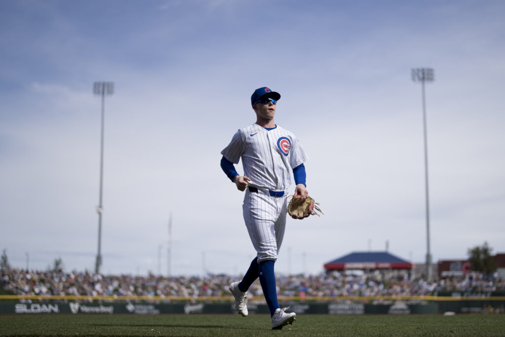 Pete Crow-Armstrong of the Chicago Cubs exits the field of play during a training game as part of the 2024 Chicago Cubs Spring Training at Sloan Park.