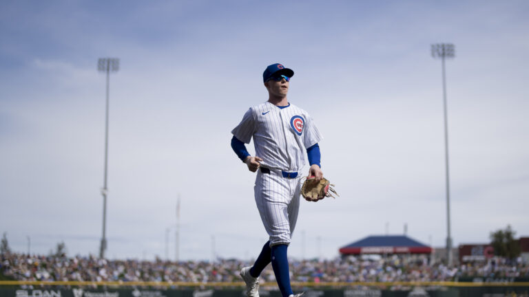 Pete Crow-Armstrong of the Chicago Cubs exits the field of play during a training game as part of the 2024 Chicago Cubs Spring Training at Sloan Park.