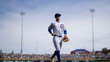 Pete Crow-Armstrong of the Chicago Cubs exits the field of play during a training game as part of the 2024 Chicago Cubs Spring Training at Sloan Park.