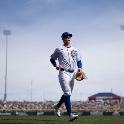 Pete Crow-Armstrong of the Chicago Cubs exits the field of play during a training game as part of the 2024 Chicago Cubs Spring Training at Sloan Park.