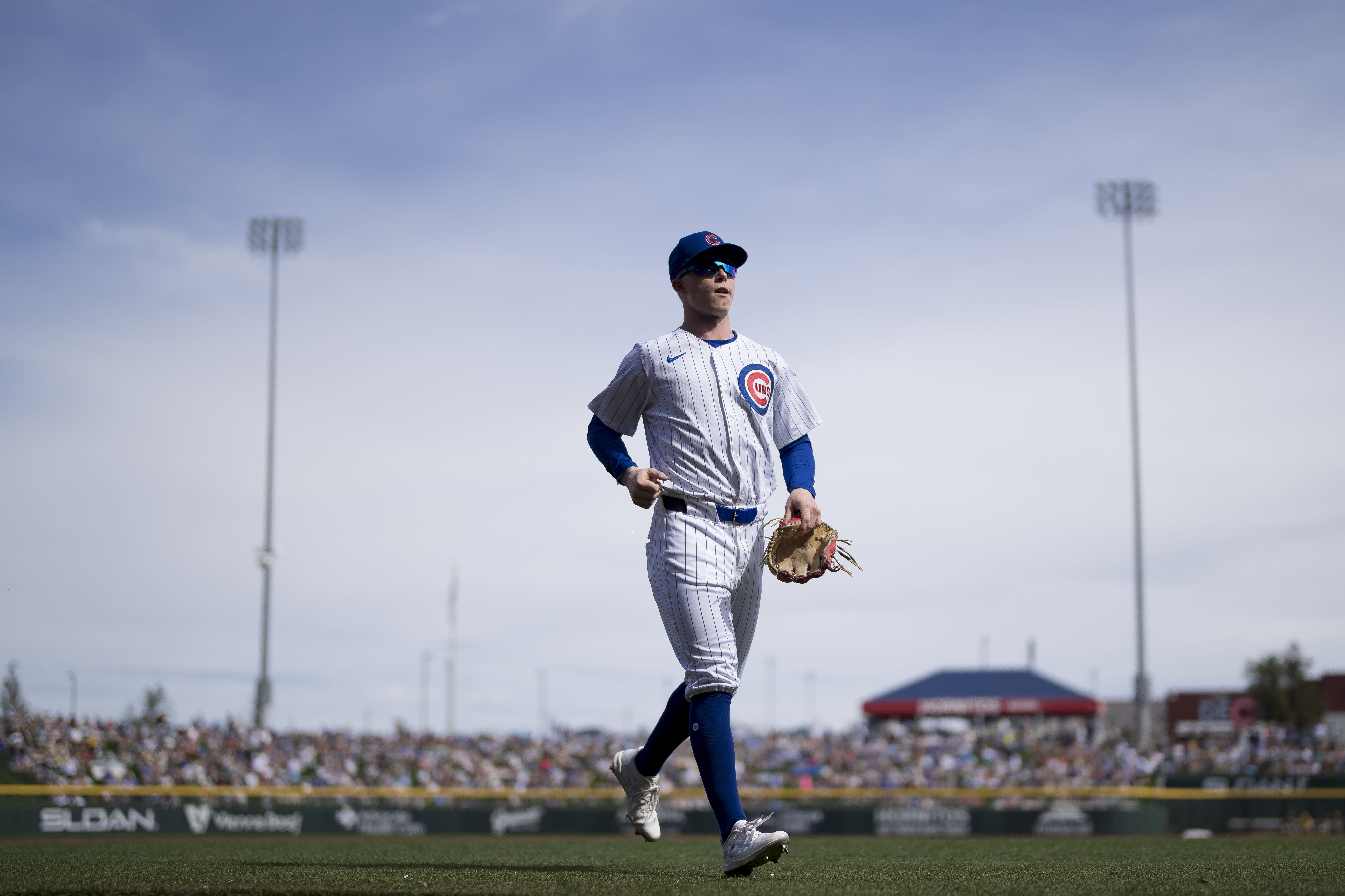 Pete Crow-Armstrong of the Chicago Cubs exits the field of play during a training game as part of the 2024 Chicago Cubs Spring Training at Sloan Park.