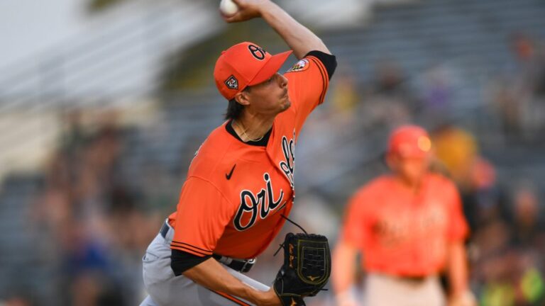 Cade Povich of the Baltimore Orioles throws a pitch during the first inning of a spring training Spring Breakout game against the Pittsburgh Pirates at LECOM Park.