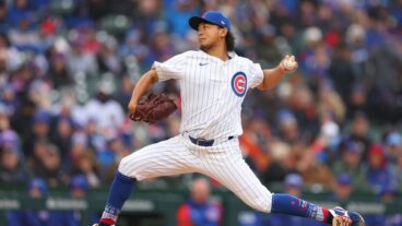 Shota Imanaga of the Chicago Cubs delivers a pitch in his MLB debut against the Colorado Rockies during the first inning at Wrigley Field.