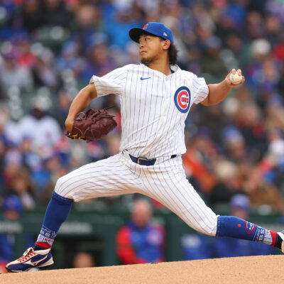 Shota Imanaga of the Chicago Cubs delivers a pitch in his MLB debut against the Colorado Rockies during the first inning at Wrigley Field.