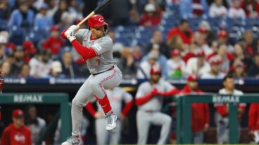 PHILADELPHIA, PENNSYLVANIA - APRIL 1: Spencer Steer #7 of the Cincinnati Reds in action against the Philadelphia Phillies during a game at Citizens Bank Park on April 1, 2024 in Philadelphia, Pennsylvania. (Photo by Rich Schultz/Getty Images)