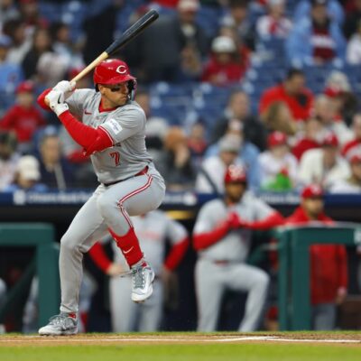 PHILADELPHIA, PENNSYLVANIA - APRIL 1: Spencer Steer #7 of the Cincinnati Reds in action against the Philadelphia Phillies during a game at Citizens Bank Park on April 1, 2024 in Philadelphia, Pennsylvania. (Photo by Rich Schultz/Getty Images)