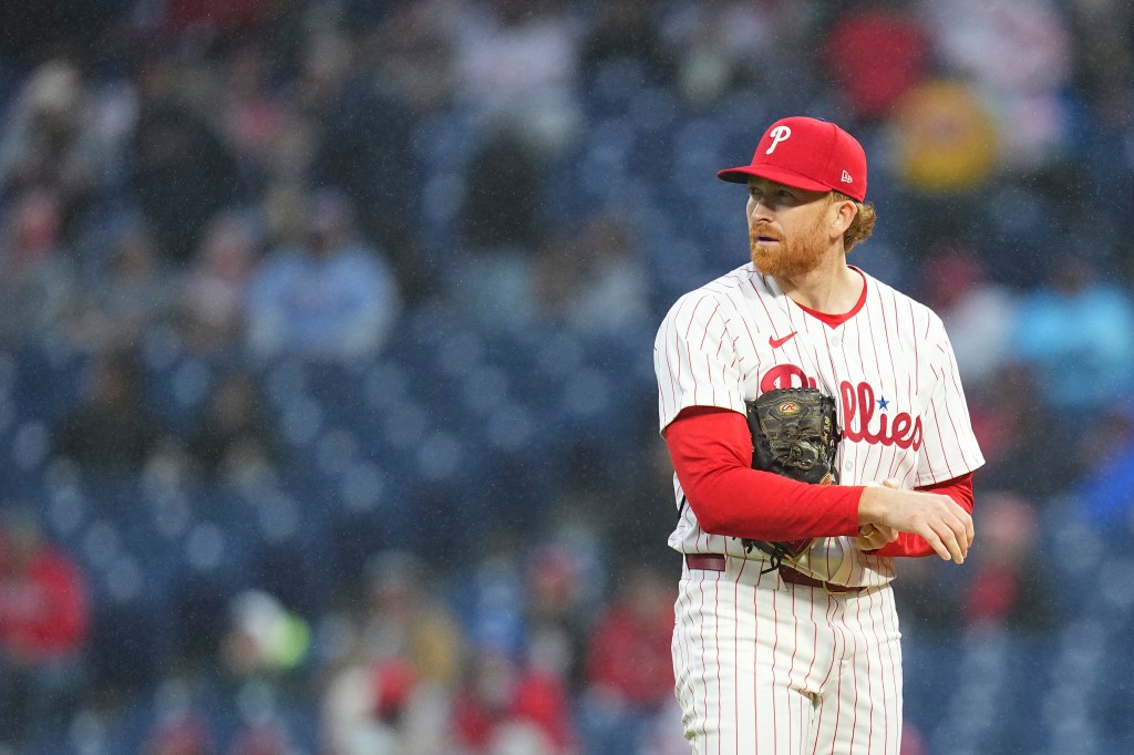 Spencer Turnbull #22 of the Philadelphia Phillies looks on against the Cincinnati Reds at Citizens Bank Park.