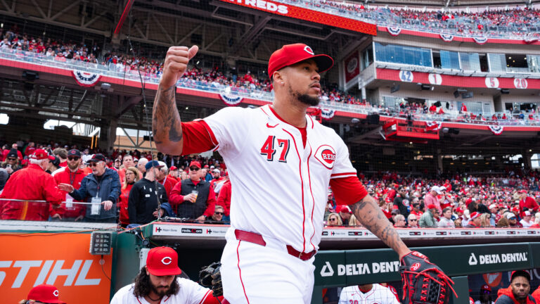 Frankie Montas of the Cincinnati Reds takes the field during a game against the Washington Nationals at Great American Ball Park.