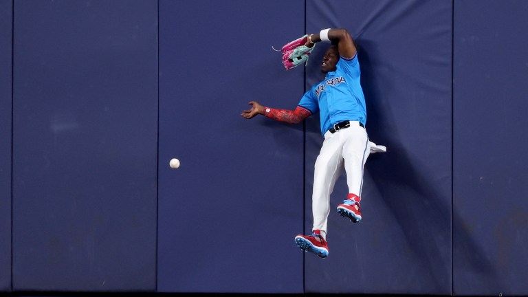 Jazz Chisholm Jr. of the Miami Marlins attempts to catch the ball against the Los Angeles Angels during the fifth inning of the game at loanDepot park.