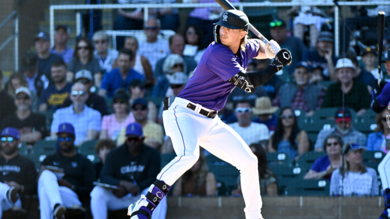 Zac Veen of the Colorado Rockies bats during the seventh inning of a spring training game against the Cincinnati Reds at Salt River Fields at Talking Stick.