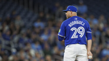 Yariel Rodriguez of the Toronto Blue Jays pitches in the second inning of his MLB debut against the Colorado Rockies at Rogers Centre.