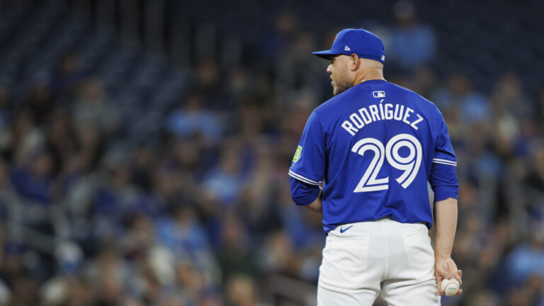 Yariel Rodriguez of the Toronto Blue Jays pitches in the second inning of his MLB debut against the Colorado Rockies at Rogers Centre.