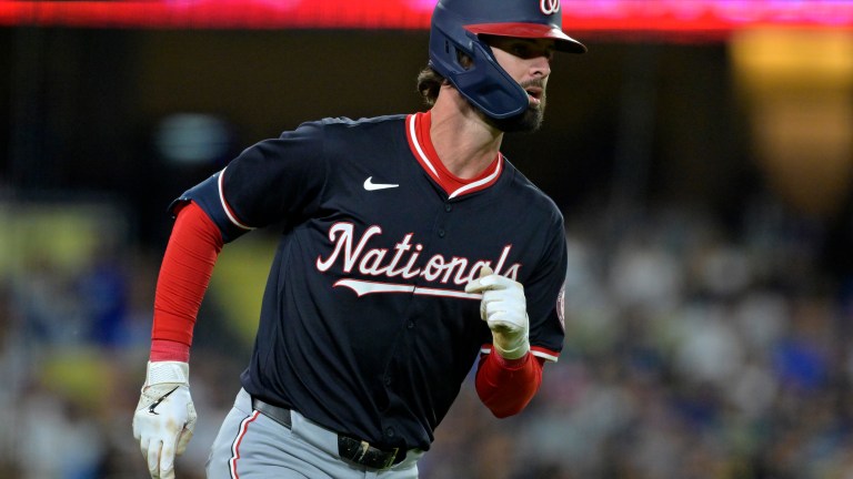 Jesse Winker of the Washington Nationals rounds the bases on a two-run home run in the third inning against the Los Angeles Dodgers at Dodger Stadium.