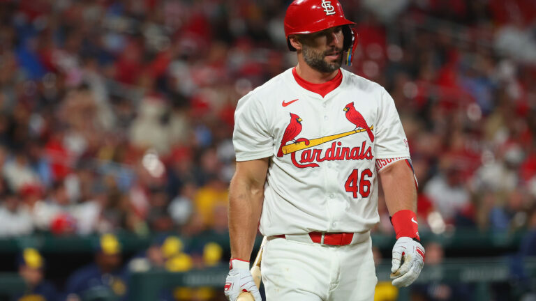 Paul Goldschmidt of the St. Louis Cardinals returns to the dugout after striking out against the Milwaukee Brewers in the sixth inning at Busch Stadium.