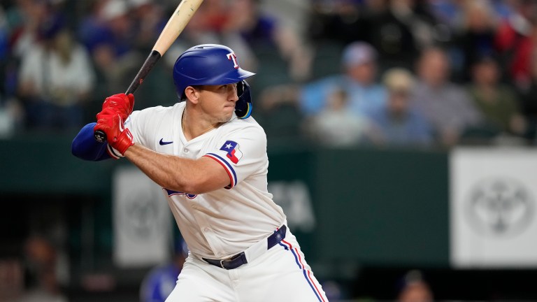 Wyatt Langford #36 of the Texas Rangers waits for a pitch during the fifth inning against the Oakland Athletics at Globe Life Field.