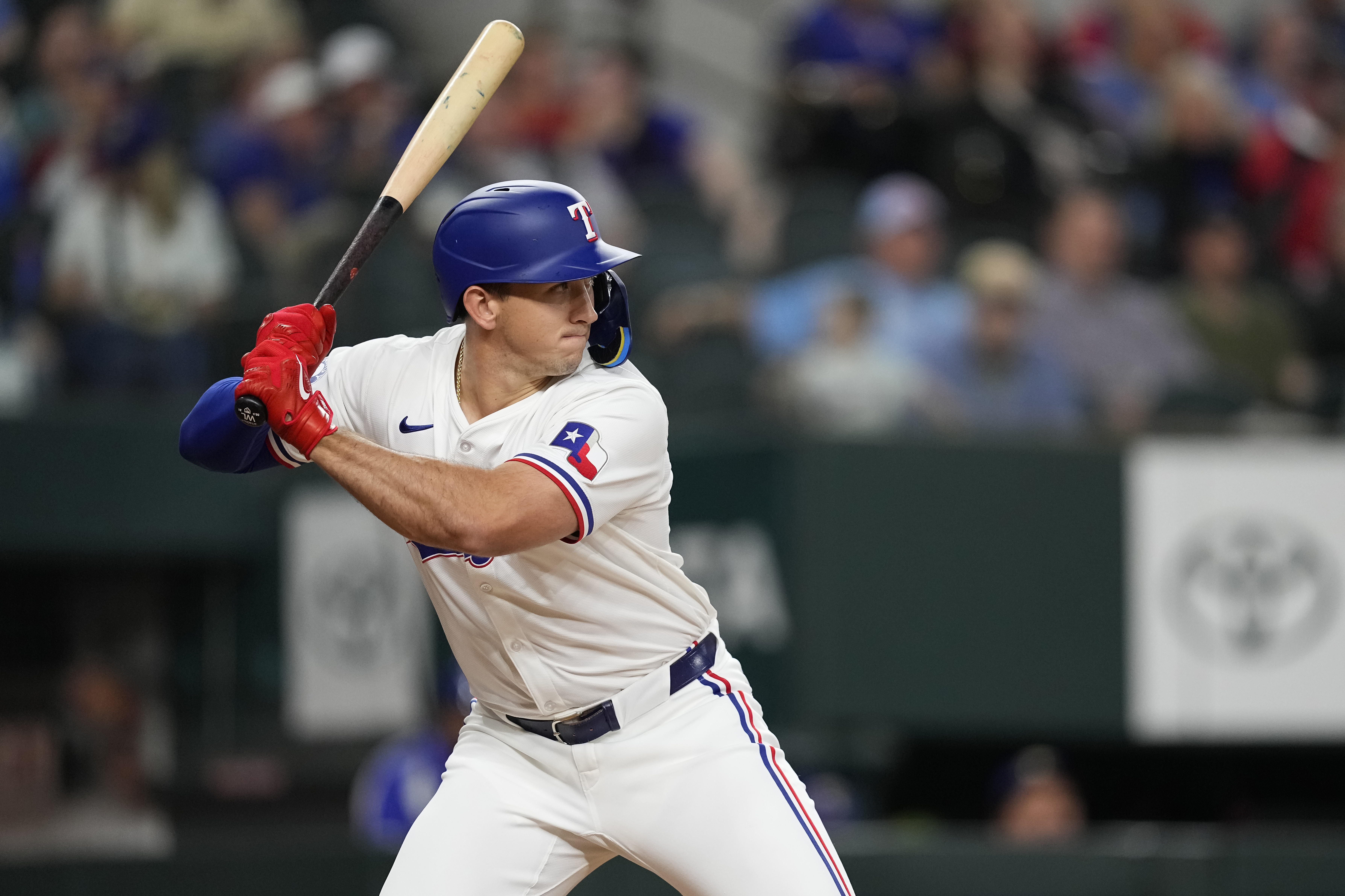 Wyatt Langford #36 of the Texas Rangers waits for a pitch during the fifth inning against the Oakland Athletics at Globe Life Field.