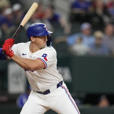 Wyatt Langford #36 of the Texas Rangers waits for a pitch during the fifth inning against the Oakland Athletics at Globe Life Field.