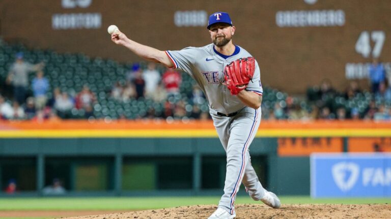 DETROIT, MICHIGAN - APRIL 15: Kirby Yates #39 of the Texas Rangers throws a pitch in the ninth inning of a game against the Detroit Tigers at Comerica Park on April 15, 2024 in Detroit, Michigan. All players are wearing the number 42 in honor of Jackie Robinson Day. (Photo by Mike Mulholland/Getty Images)