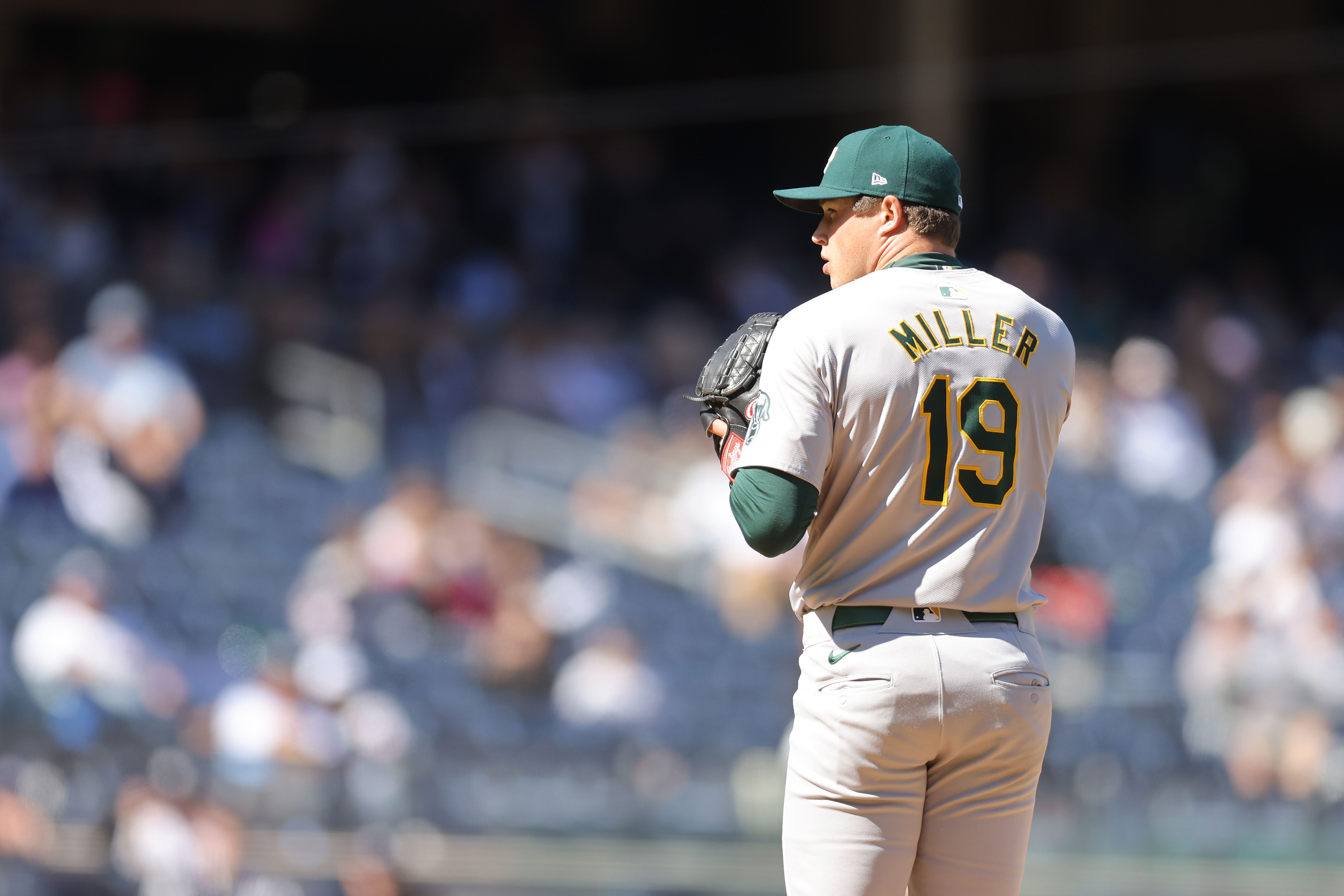 Mason Miller of the Oakland Athletics in action against the New York Yankees at Yankee Stadium.