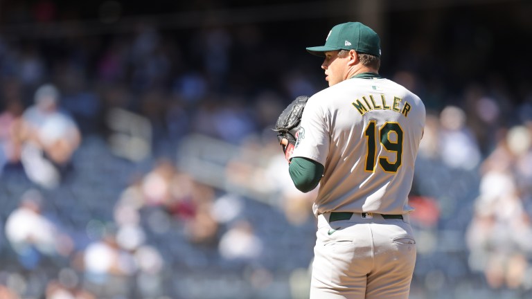 Mason Miller of the Oakland Athletics in action against the New York Yankees at Yankee Stadium.