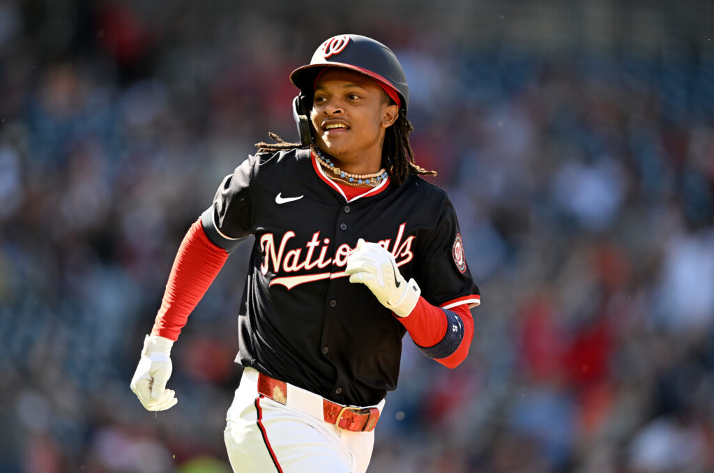 CJ Abrams of the Washington Nationals rounds the bases after hitting a home run in the first inning against the Houston Astros at Nationals Park.