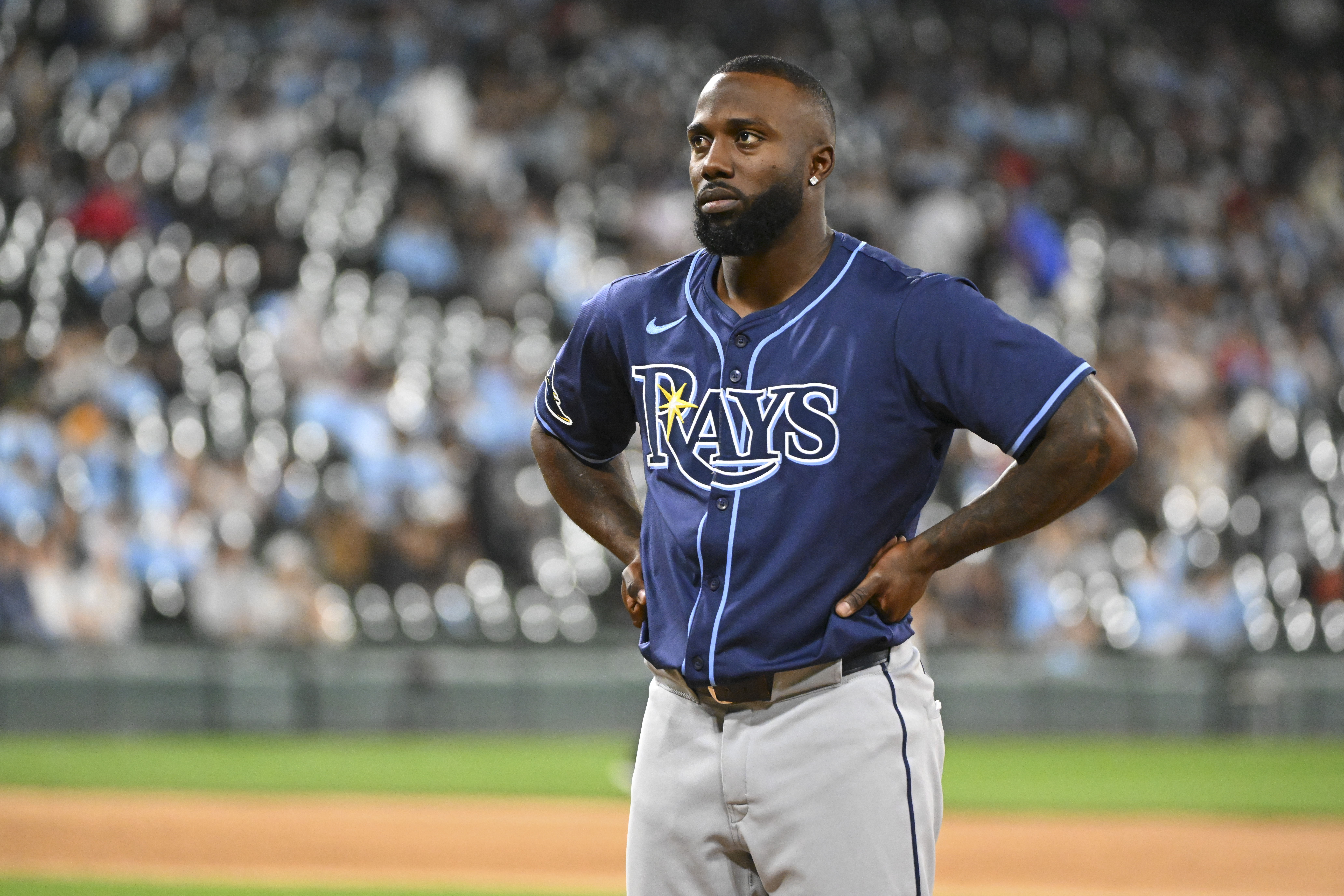Randy Arozarena #56 of the Tampa Bay Rays reacts after. the tenth inning against the Chicago White Sox at Guaranteed Rate Field.