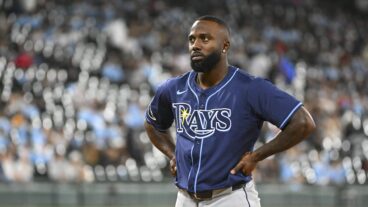Randy Arozarena #56 of the Tampa Bay Rays reacts after. the tenth inning against the Chicago White Sox at Guaranteed Rate Field.