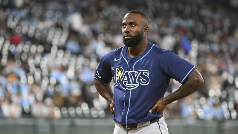 Randy Arozarena #56 of the Tampa Bay Rays reacts after. the tenth inning against the Chicago White Sox at Guaranteed Rate Field.