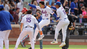 2024 breakout player Mark Vientos of the New York Mets celebrates his walk-off two-run home run in the eleventh inning against the St. Louis Cardinals in an MLB game at Citi Field.