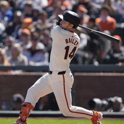 Patrick Bailey of the San Francisco Giants bats against the San Diego Padres in the bottom of the fifth inning of a Major League Baseball game at Oracle Park.